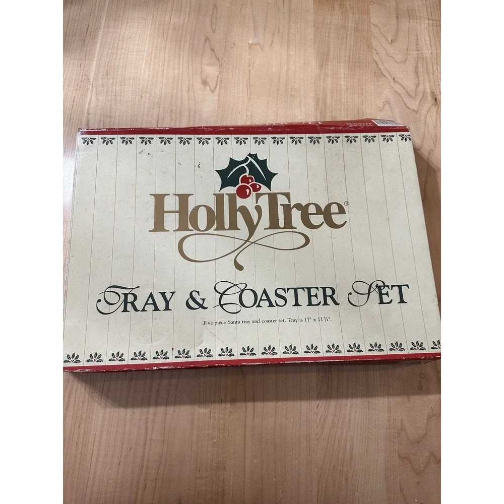 Holly Tree Christmas Santa Tray and Coaster Set Vintage Holiday Decor Red